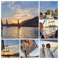 A collage of photos from a sailboat ride on the Nile